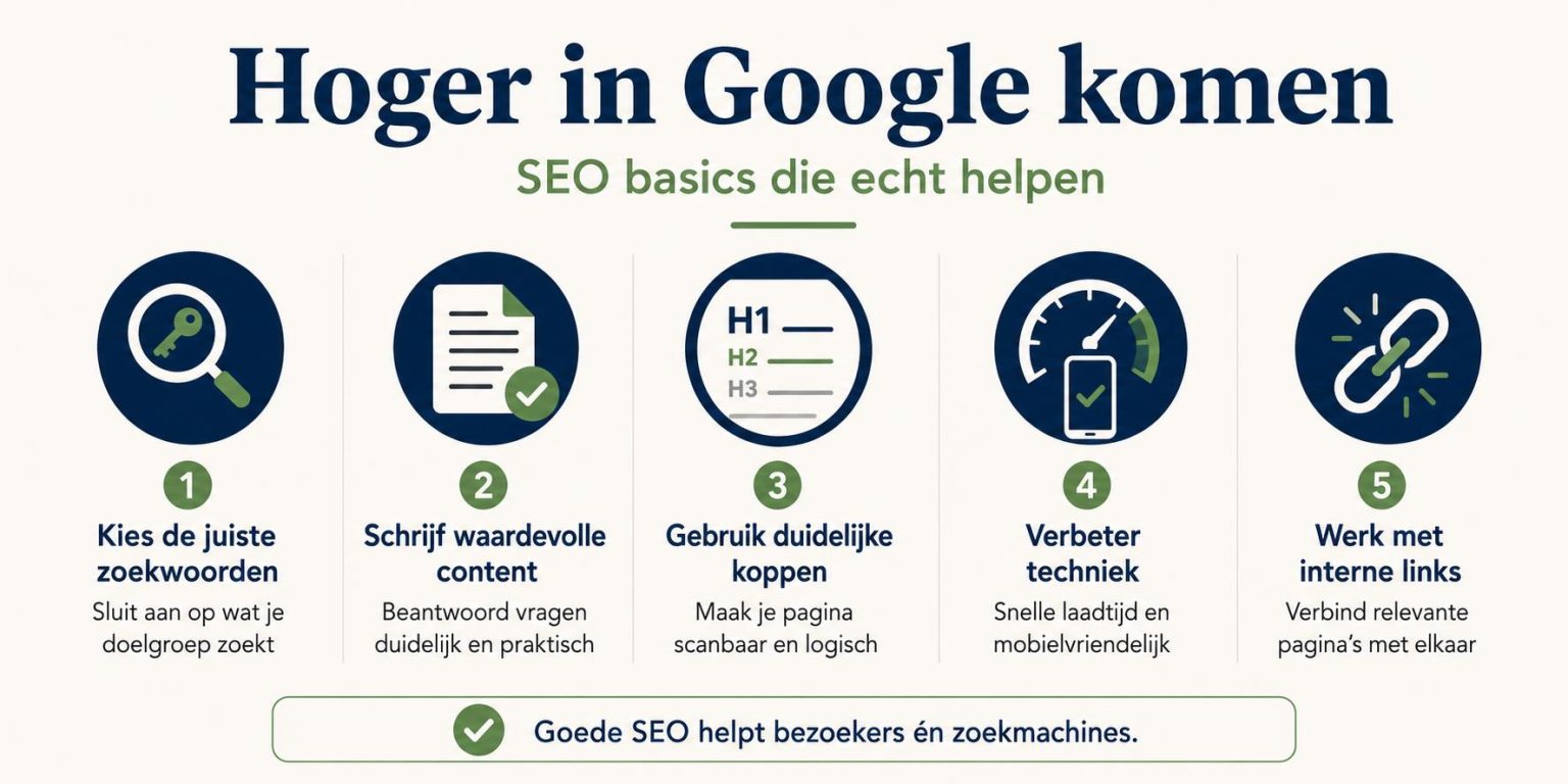 Infographic: SEO basics voor hoger in Google komen met tips over content, structuur en technische optimalisatie